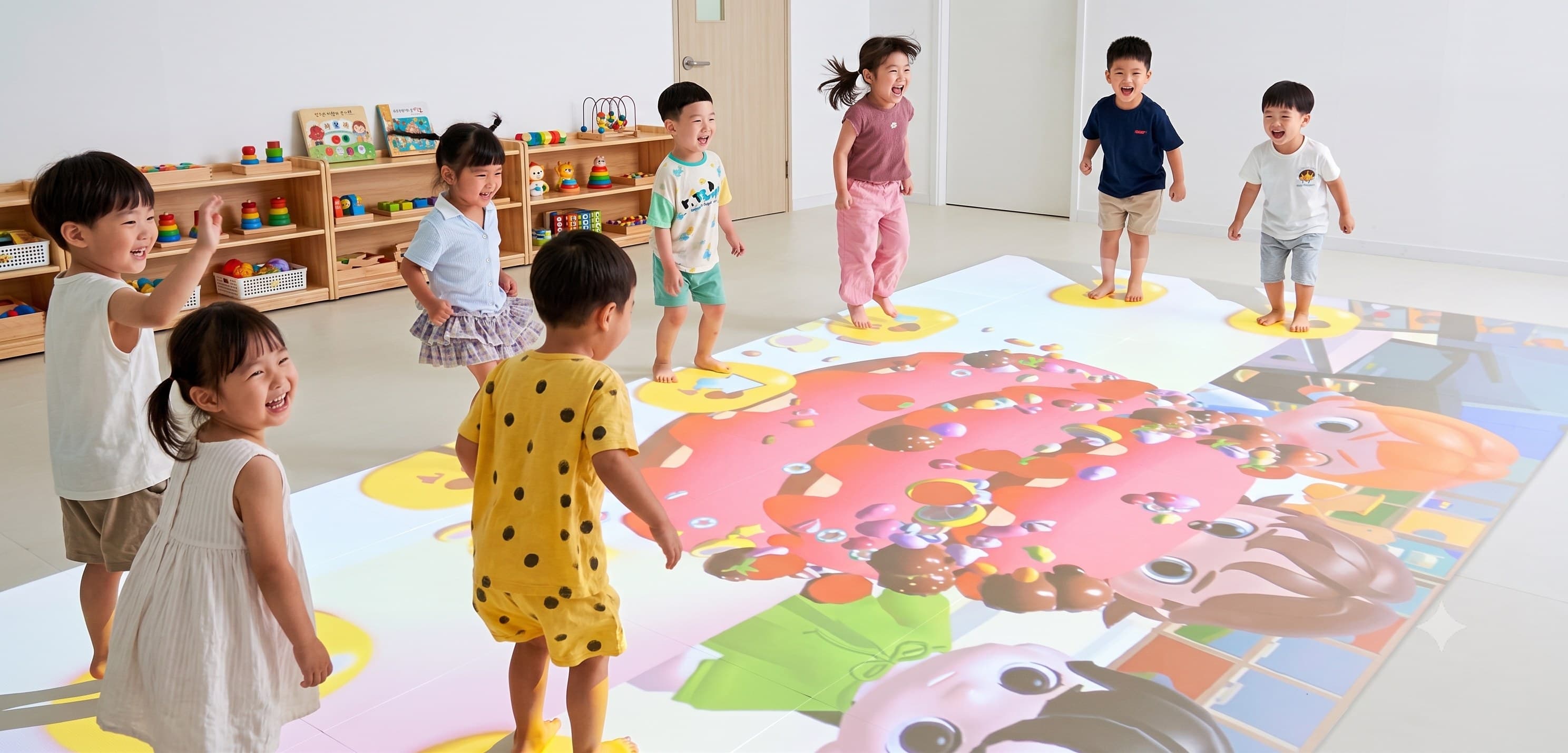 여러 아이가 동시에 한 화면에서 각자 다른 콘텐츠를 터치하는 와이드샷