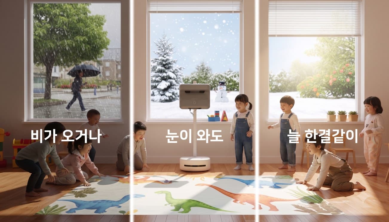 창밖에 비/미세먼지 있는 배경 + 실내에서 신나게 뛰노는 아이들 대비 컷